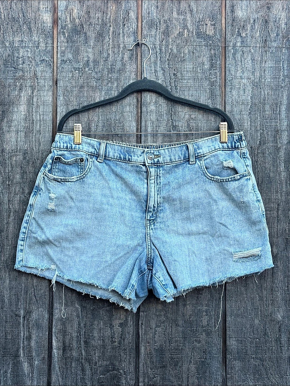 aerie Daydream Denim Distressed Shorts Elastic Back Waistband Light Wash XL